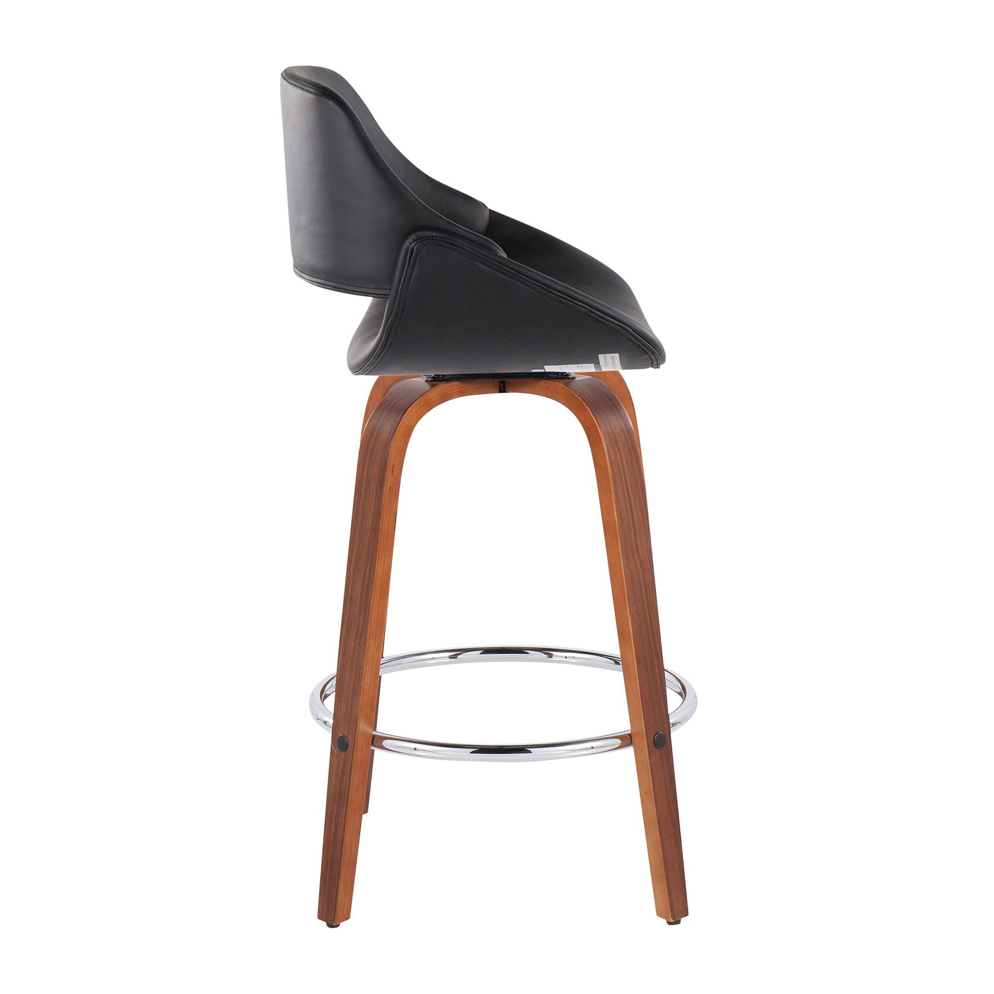 The Fabrico Mid Century Modern Counter Stool set features curved black leather seats, wooden legs, and round chrome footrests, shown in profile against a white background.