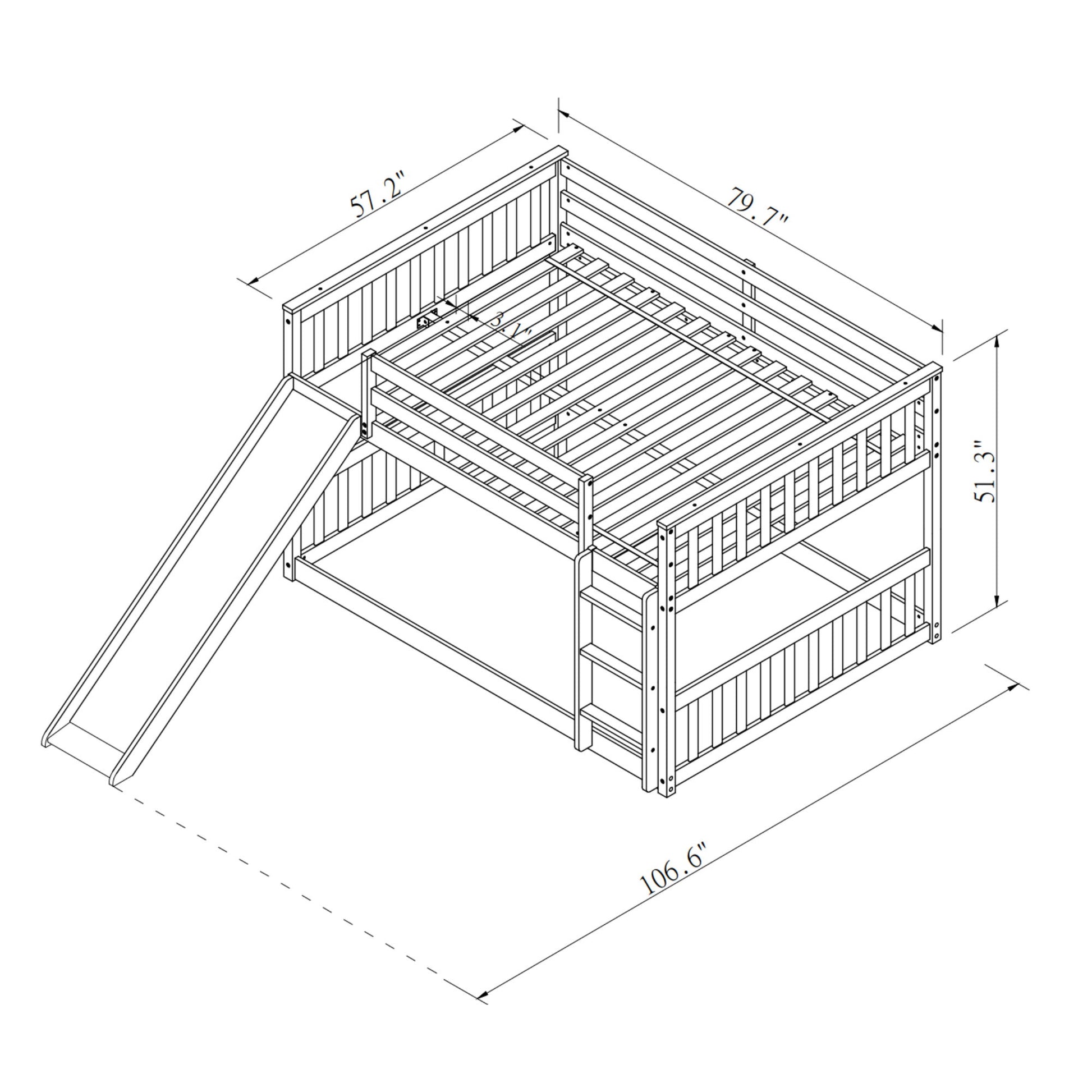 Line drawing of the Bunk Bed With Slide And Ladder, showing measurements: 79.7" wide, 57.2" deep, 51.3" high, and 106.6" long with slide; features slatted guardrails and open space beneath the lofted bed.