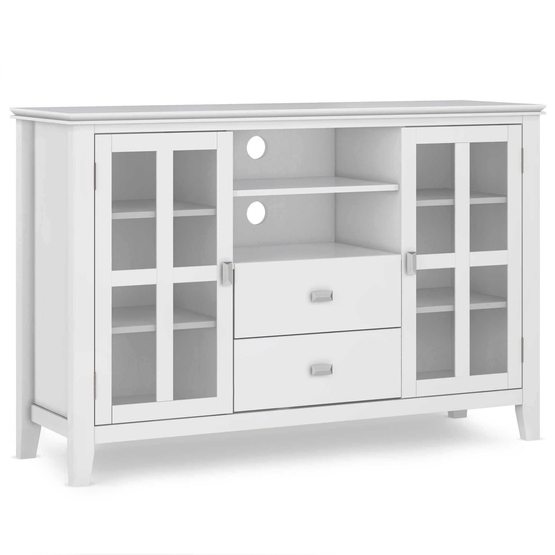 The Artisan - Handcrafted, Tall TV Media Stand features glass-paneled doors on each side, two open shelves with circular cutouts at the back, and two central drawers with metal handles.