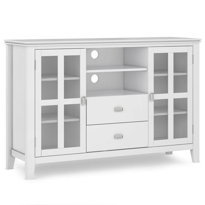 The Artisan - Handcrafted, Tall TV Media Stand features glass-paneled doors on each side, two open shelves with circular cutouts at the back, and two central drawers with metal handles.