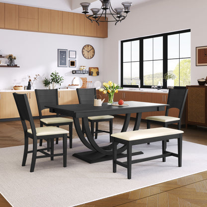 Modern kitchen featuring the Topmax 6 Piece Wood Half Round Dining Table Set with a long bench and four chairs. Light wood cabinets, large windows, decor accents, and a chandelier create a bright, stylish space.
