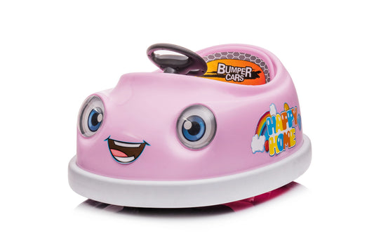 A pink Bumper Car For Kids with cartoon eyes, a smiling mouth, black steering wheel, and colorful "Bumper Cars" and "Happy Home" decals. 12V electric ride-on for ages 1-6 with pushrod, dinner plate, USB/Bt music, and rocking horse mode.