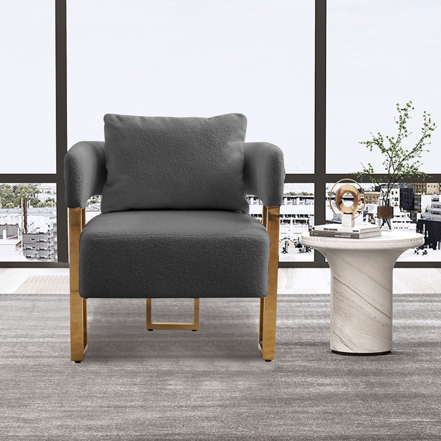 Modern Decorative Chair Teddy Fleece Upholstered And Metal Foot