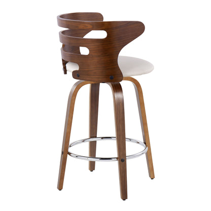 The Cosini Mid Century Modern Fixed Height Barstool features a curved backrest, open slat design, white cushioned seat, angled legs, swivel function, and a round chrome footrest. Set of 2.