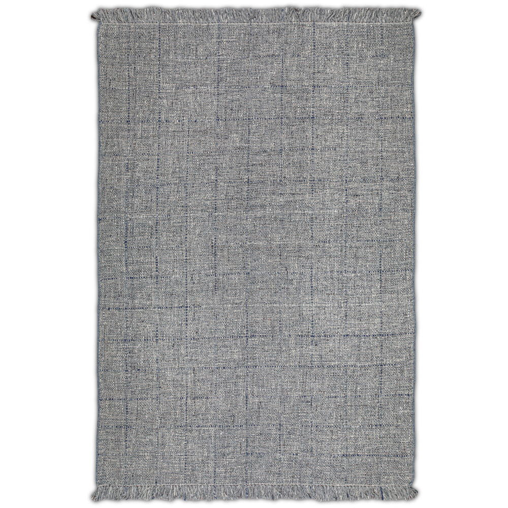 The Tenney Handcrafted Area Rug is rectangular, gray, features a subtle grid pattern, and has short fringe on the shorter edges.