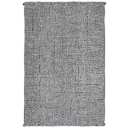 The Tenney Handcrafted Area Rug is rectangular, gray, features a subtle grid pattern, and has short fringe on the shorter edges.