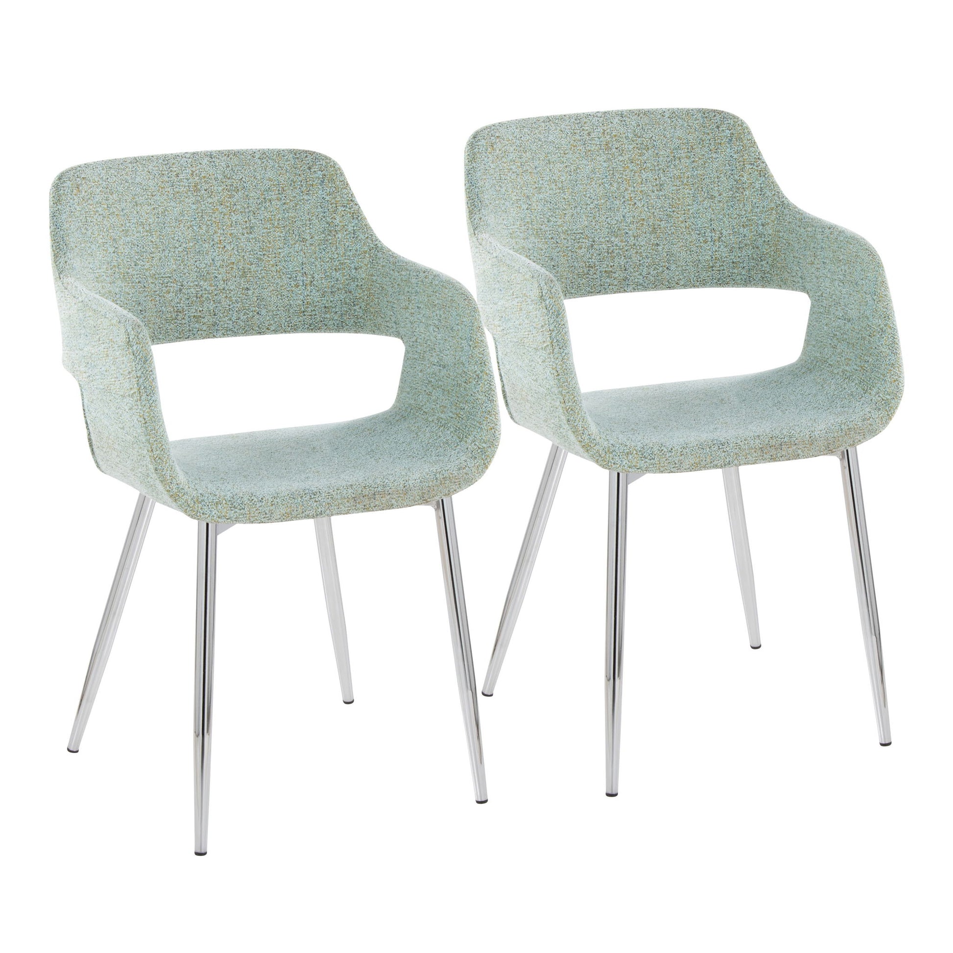A set of two Margarite Contemporary Dining Chairs with light blue upholstered seats and backs, open sides, and angled chrome legs, shown side by side on a white background.