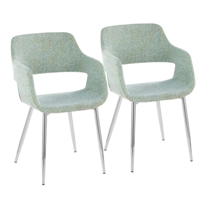 A set of two Margarite Contemporary Dining Chairs with light blue upholstered seats and backs, open sides, and angled chrome legs, shown side by side on a white background.