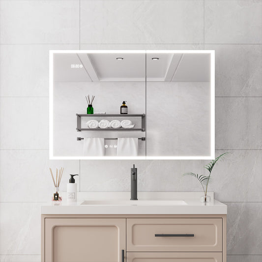 A modern bathroom features a beige vanity, white countertop, and a Bathroom Medicine Cabinet With Lights—a LED mirror cabinet with defogger—reflecting shelves with towels and toiletries. Minimalist decor includes a soap dispenser and reed diffuser.