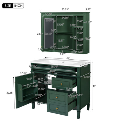Bathroom Vanity With Top Sink, Storage Cabinet With Mirror, 2 Doors, 3 Drawers, 6 Open Shelves