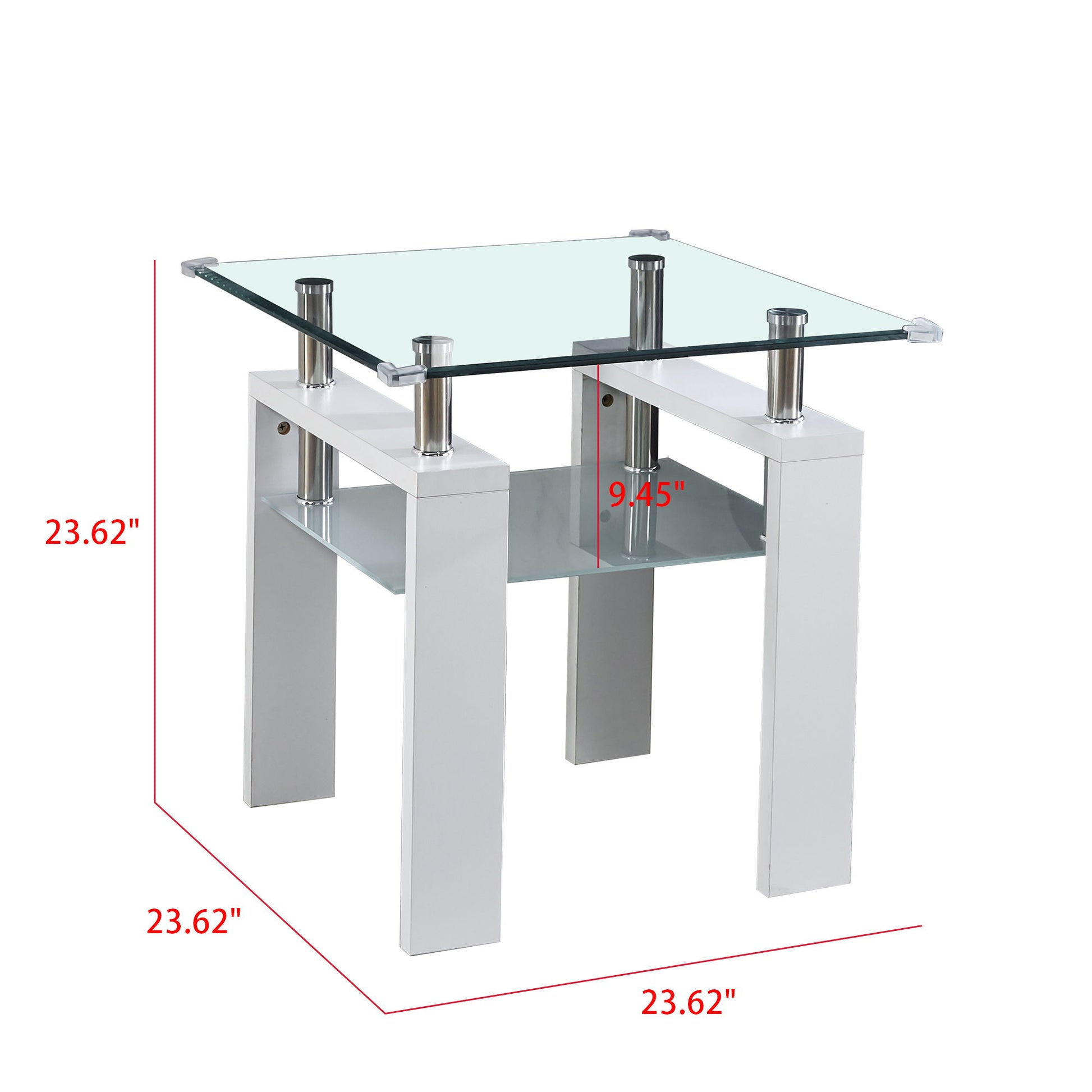 The Clear Glass Top Side Table features a modern design, white legs, and a lower glass shelf. Dimensions: 23.62" H x 23.62" W x 23.62" D with 9.45" between tabletop and shelf—ideal for contemporary homes.