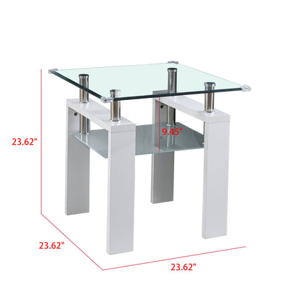 The Clear Glass Top Side Table features a modern design, white legs, and a lower glass shelf. Dimensions: 23.62" H x 23.62" W x 23.62" D with 9.45" between tabletop and shelf—ideal for contemporary homes.