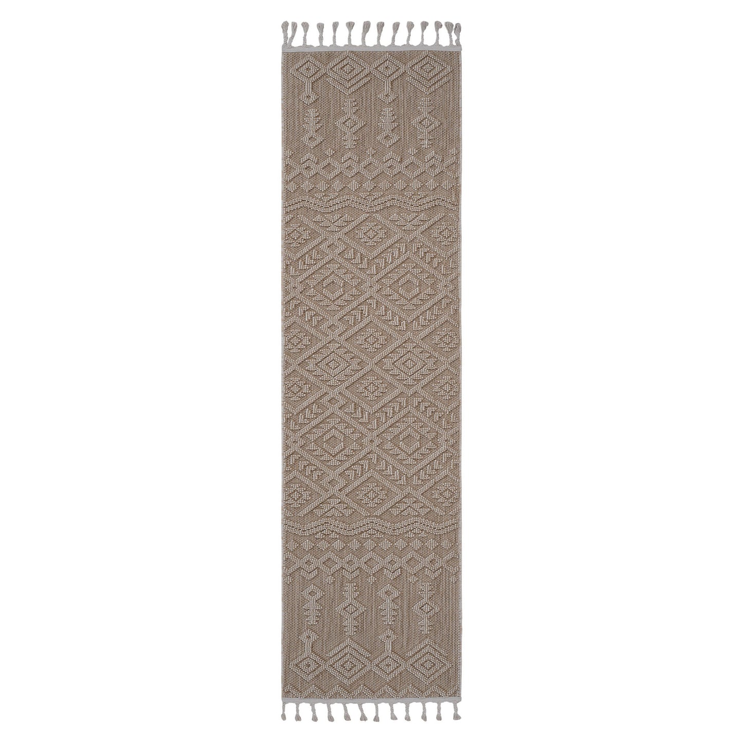 The Guros - Traditional Indoor/Outdoor Area Rug is a long, narrow beige rug featuring intricate geometric patterns and fringe tassels on both ends, shown against a white background.