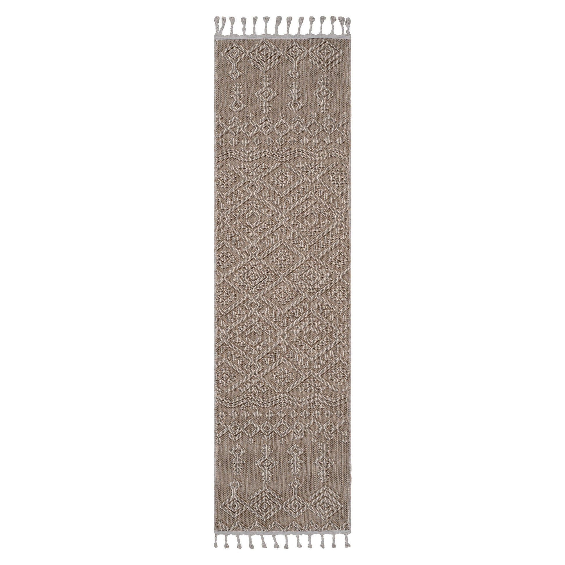 The Guros - Traditional Indoor/Outdoor Area Rug is a long, narrow beige rug featuring intricate geometric patterns and fringe tassels on both ends, shown against a white background.