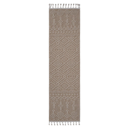 The Guros - Traditional Indoor/Outdoor Area Rug is a long, narrow beige rug featuring intricate geometric patterns and fringe tassels on both ends, shown against a white background.