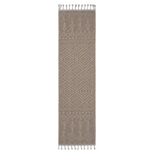 The Guros - Traditional Indoor/Outdoor Area Rug is a long, narrow beige rug featuring intricate geometric patterns and fringe tassels on both ends, shown against a white background.
