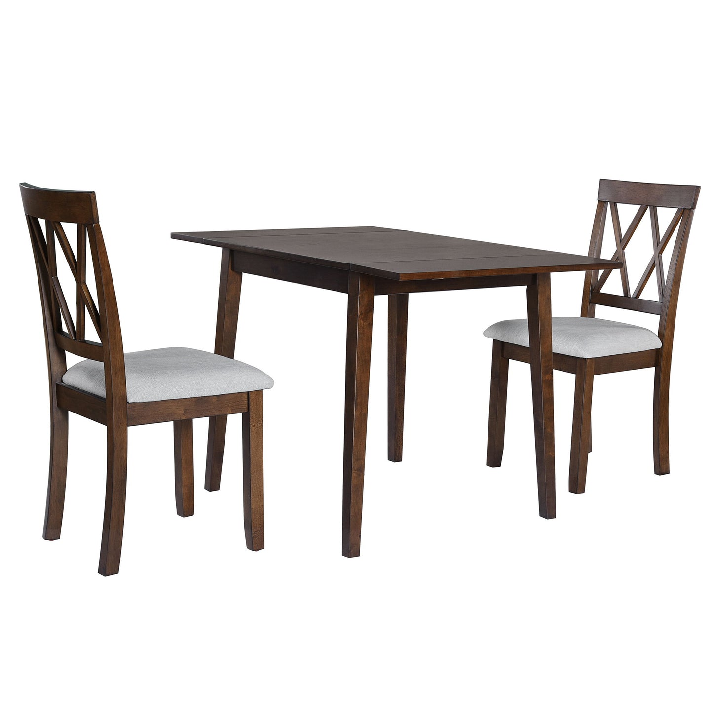 The 3 Piece Kitchen Dining Set includes a brown drop leaf dining table and two upholstered chairs with crisscross backrests and light cushioned seats, perfect for small spaces.