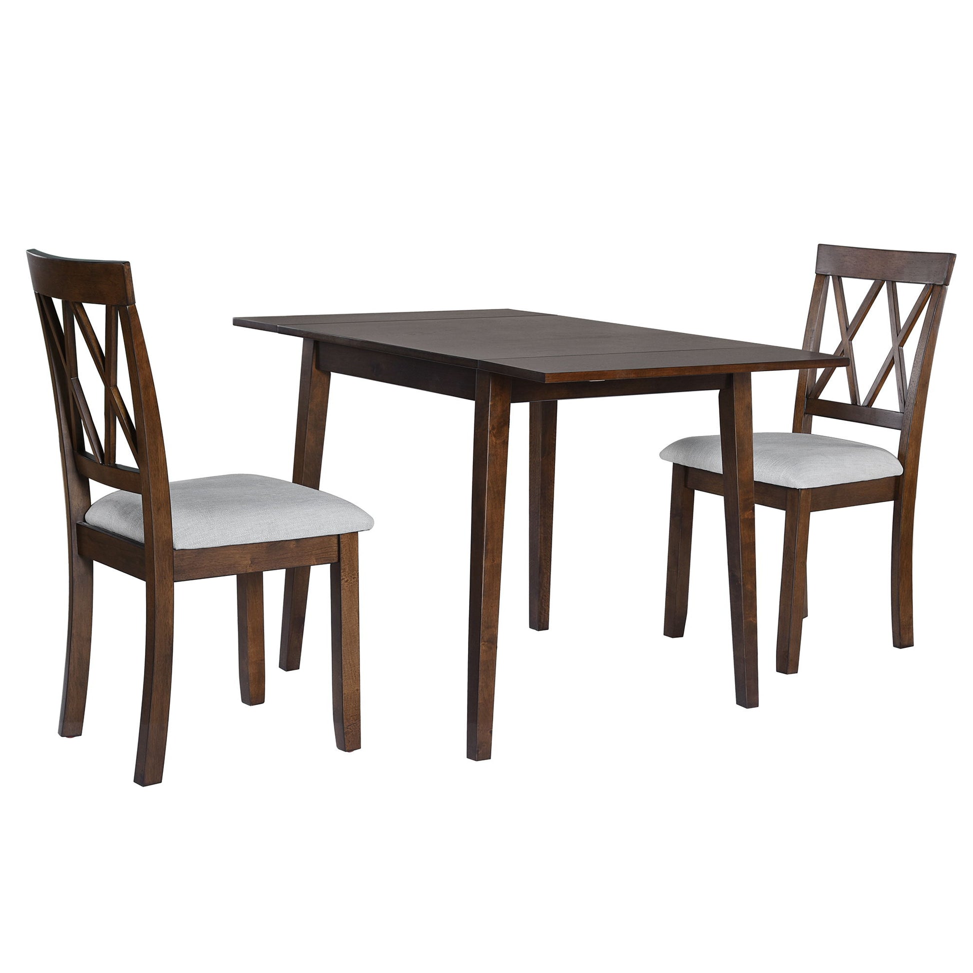 The 3 Piece Kitchen Dining Set includes a brown drop leaf dining table and two upholstered chairs with crisscross backrests and light cushioned seats, perfect for small spaces.
