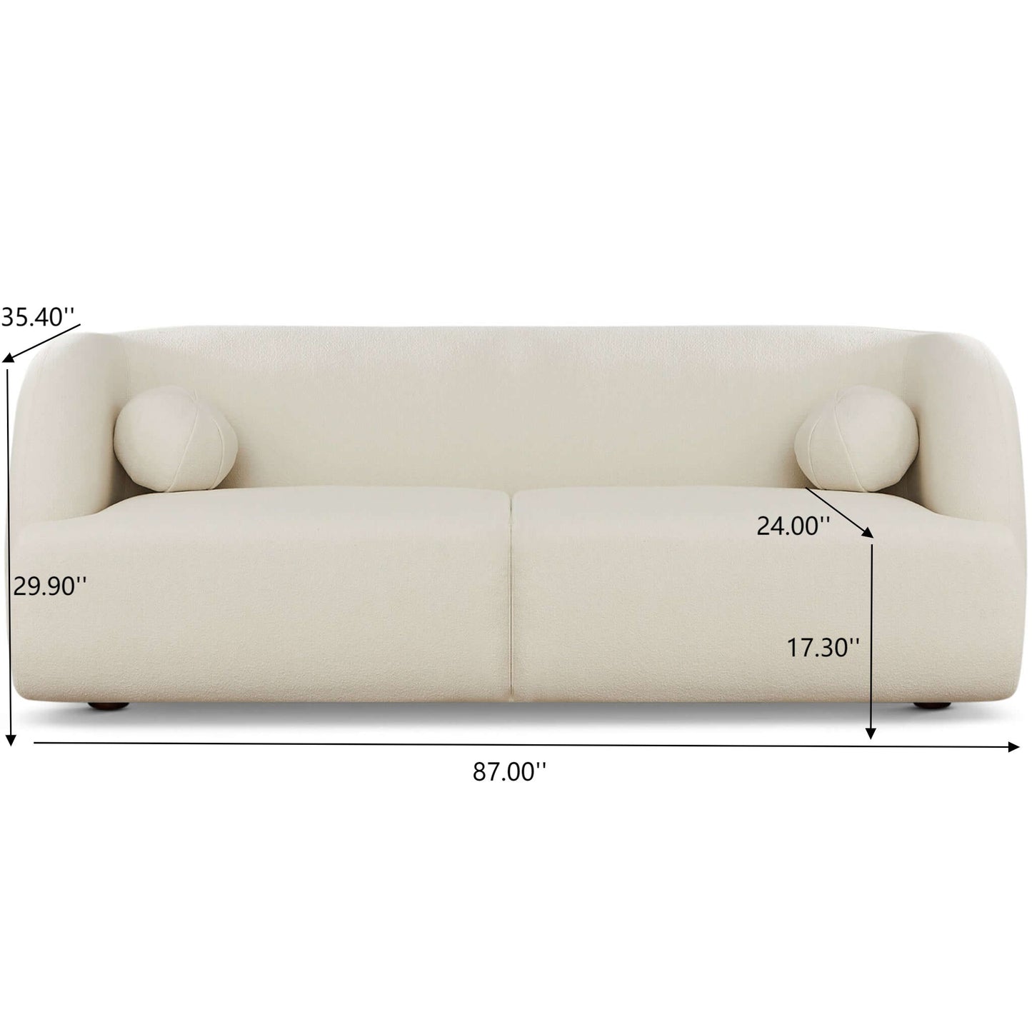 The Anna - French Boucle Sofa is a modern cream-colored piece with two round cushions; dimensions: 87" W, 35.4" H, 29.9" arm height, 24" seat depth, and 17.3" seat height.