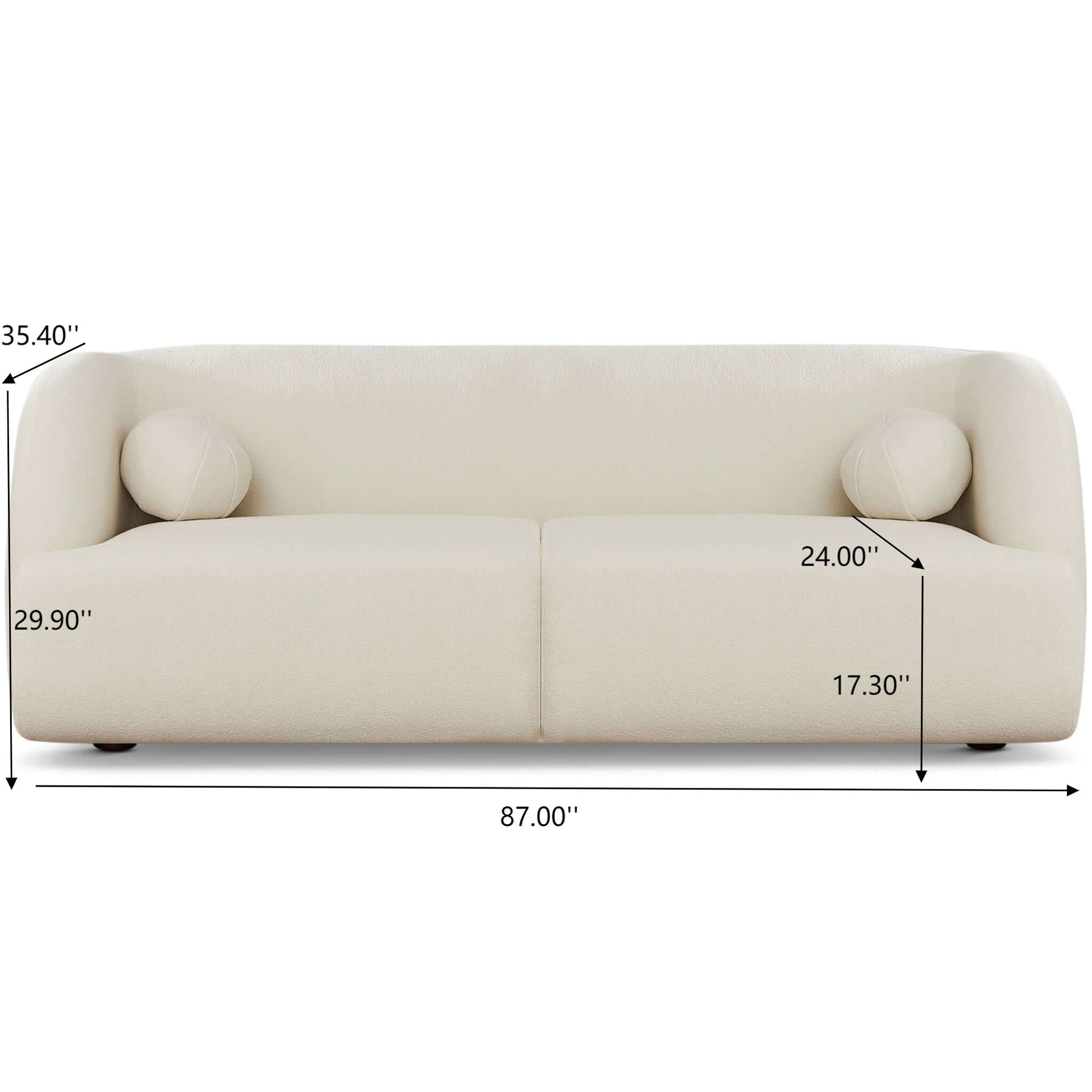 The Anna - French Boucle Sofa is a modern cream-colored piece with two round cushions; dimensions: 87" W, 35.4" H, 29.9" arm height, 24" seat depth, and 17.3" seat height.