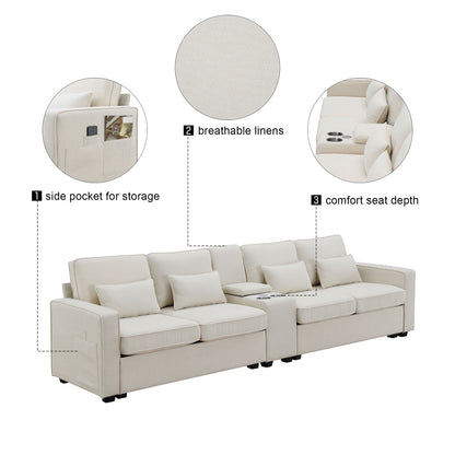 Cream-colored Upholstered Sofa with console, 2 cupholders, 2 USB ports (wired or wireless charging), and 4 pillows. Modern linen fabric, comfort seat depth, side pocket for storage—features highlighted in detailed insets.