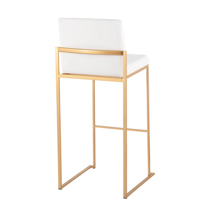 The Fuji - Contemporary Design High Back Barstool (Set of 2) features a white cushioned seat and backrest on a sleek gold metal frame with straight lines and an open, minimalist look.