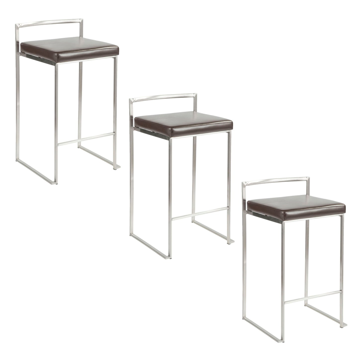 Three Fuji Elegant Design Contemporary Stackable Counter Stools with sleek metal frames and dark brown cushioned seats, arranged in a staggered formation on a white background.