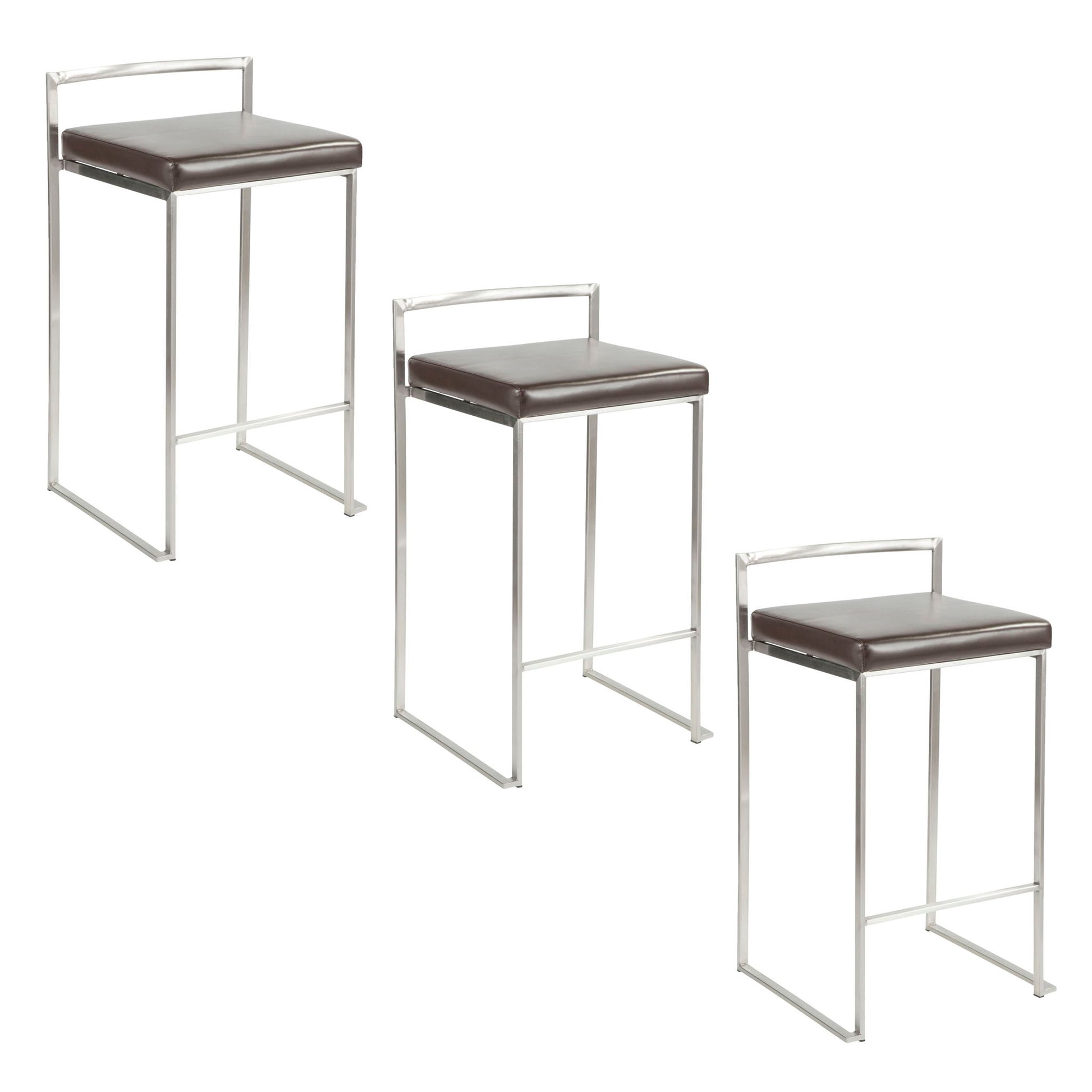Three Fuji Elegant Design Contemporary Stackable Counter Stools with sleek metal frames and dark brown cushioned seats, arranged in a staggered formation on a white background.