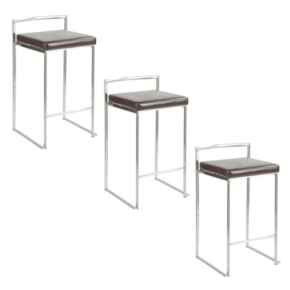 Three Fuji Elegant Design Contemporary Stackable Counter Stools with sleek metal frames and dark brown cushioned seats, arranged in a staggered formation on a white background.