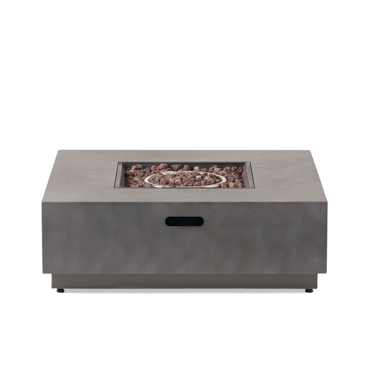 The Modern Square Fire Pit With 50,000 Btu features a concrete finish, central burner with lava rocks, and a small rectangular handle opening on the front panel for easy access.