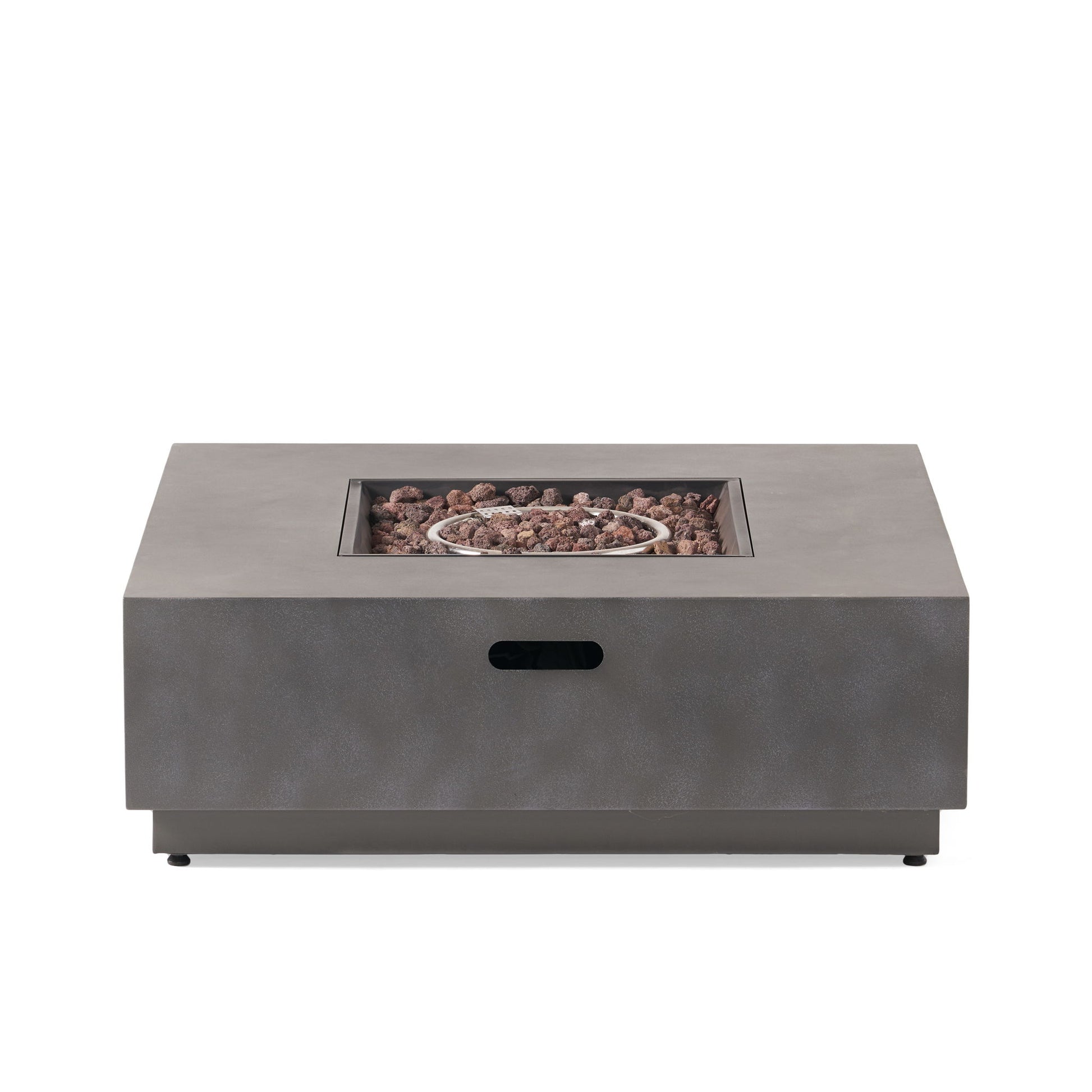 The Modern Square Fire Pit With 50,000 Btu features a concrete finish, central burner with lava rocks, and a small rectangular handle opening on the front panel for easy access.