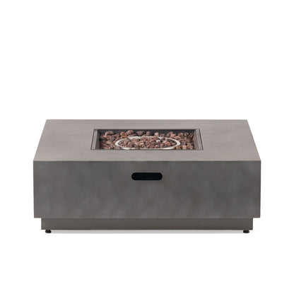 The Modern Square Fire Pit With 50,000 Btu features a concrete finish, central burner with lava rocks, and a small rectangular handle opening on the front panel for easy access.