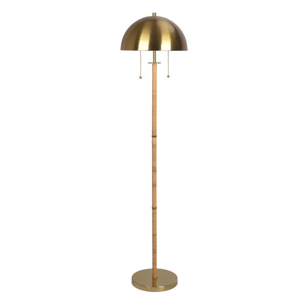 The Allure 2-Light Floor Lamp features a gold dome shade, slender rattan-wrapped pole, round gold base, and two on/off pull chains hanging under the shade.
