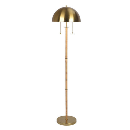 The Allure 2-Light Floor Lamp features a gold dome shade, slender rattan-wrapped pole, round gold base, and two on/off pull chains hanging under the shade.