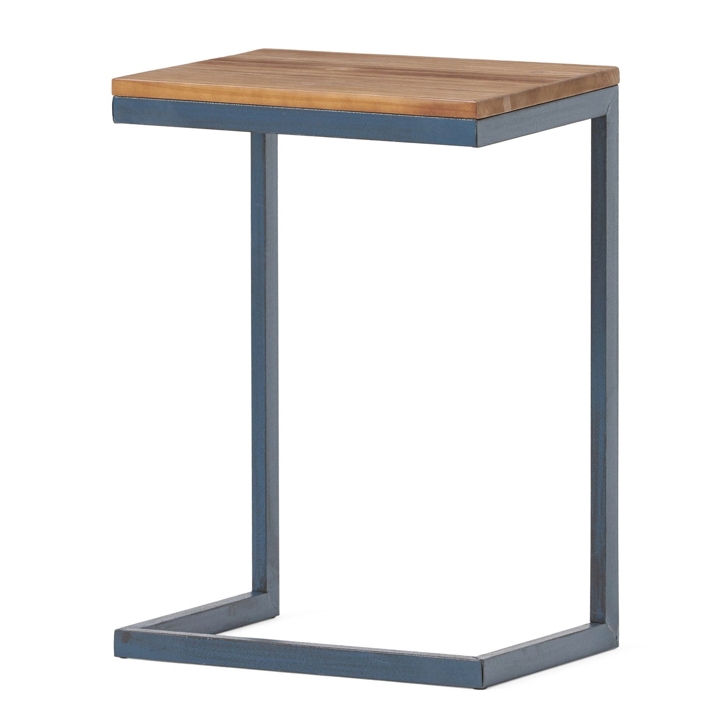 The C Shaped End Table features a sturdy iron base and a fir wood top, designed to easily slide under sofas or chairs for convenient use.