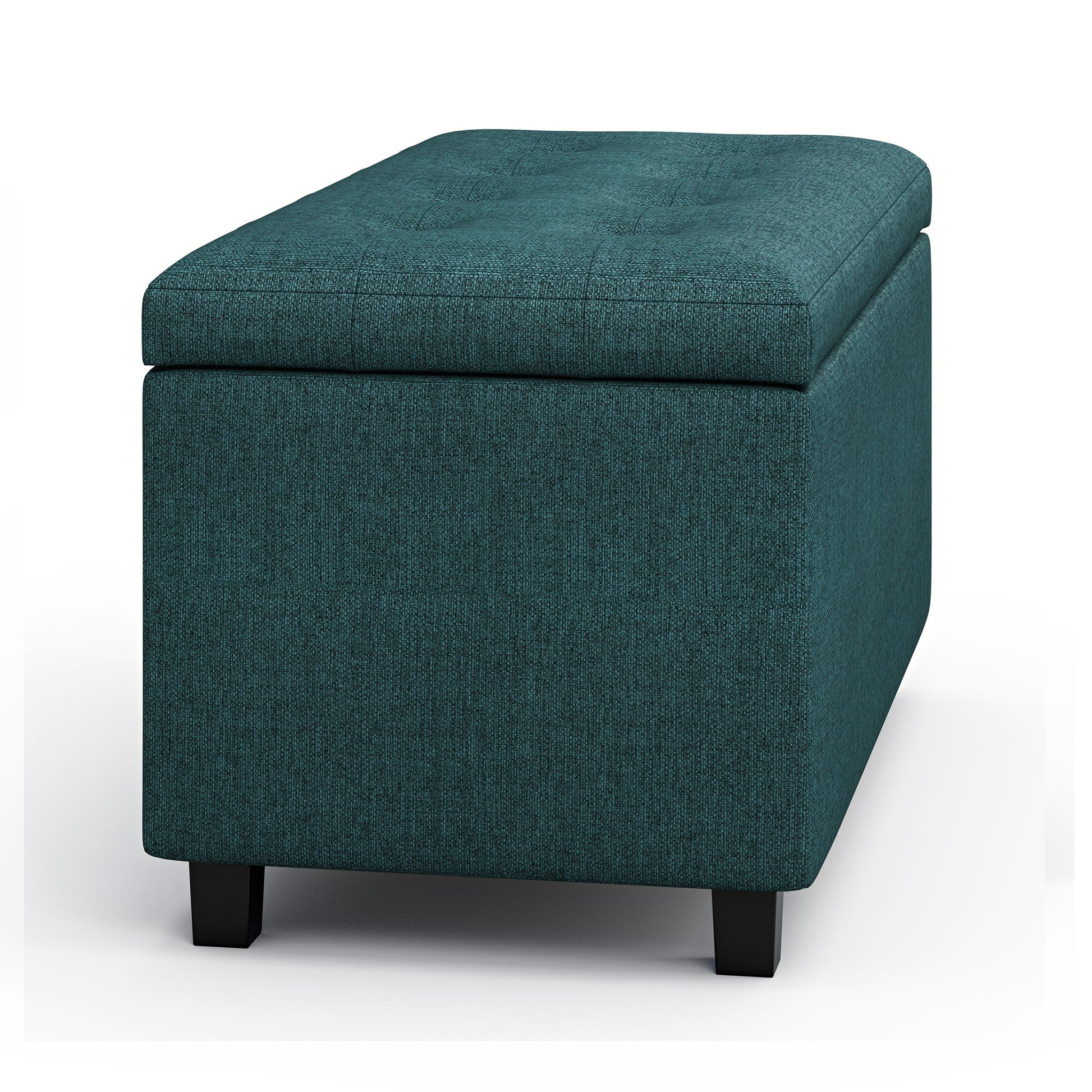 The Cosmopolitan Upholstered Storage Ottoman features a rectangular teal design with a cushioned top and short black legs, shown against a white background.