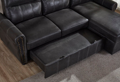 The Comfort Sectional Sofa Bed in black leather features an open pull-out storage drawer under the seat, and is shown on a wooden floor beside a light-colored textured rug.