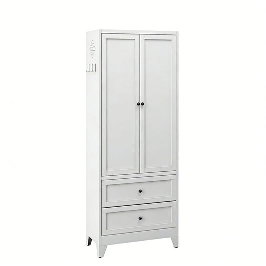 Pantry Cabinet With 2 Drawers, Freestanding Kitchen Storage Cabinet With Adjustable Shelves, Heavy-Duty Organizer For Spices, Dishware, Small Appliances - White