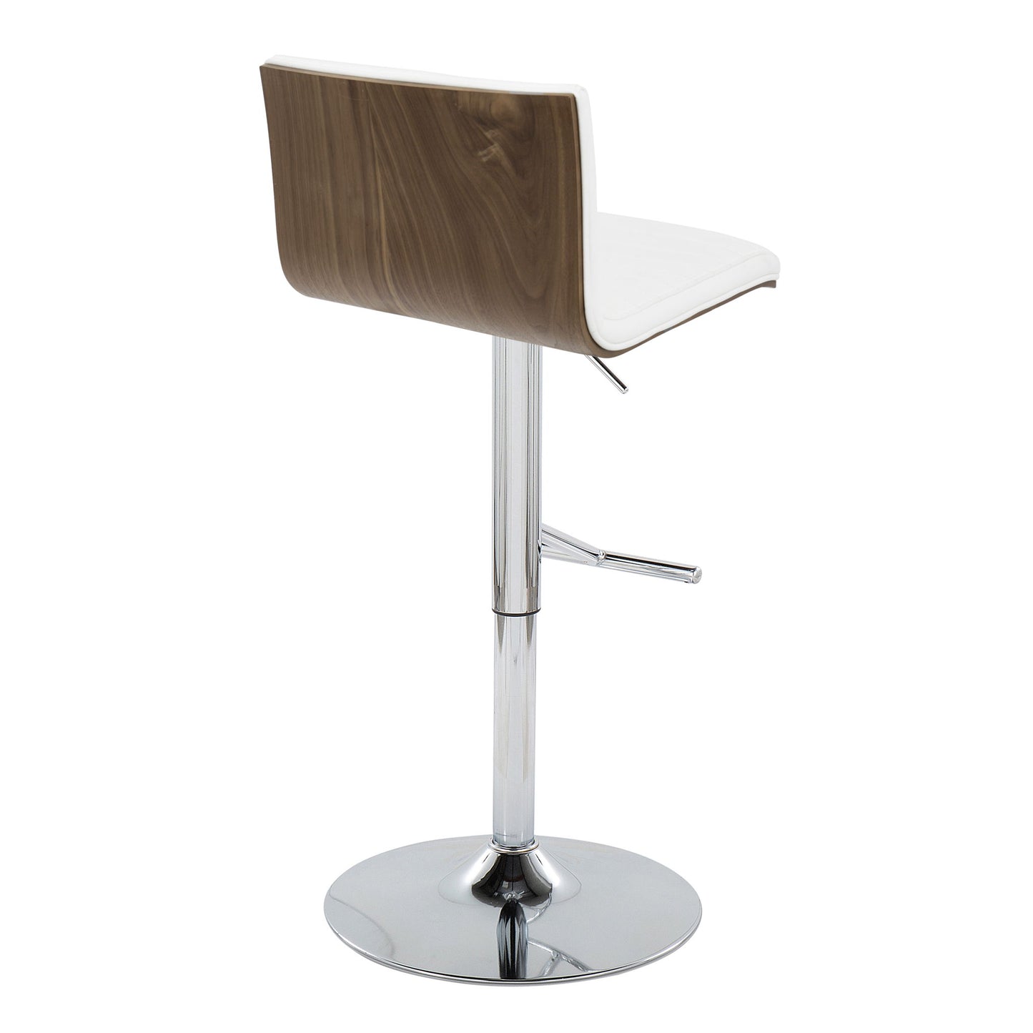 The Mason Contemporary Adjustable Barstool (set of 2) features a wooden backrest, white cushioned seat, chrome pedestal base, and straight T footrest, shown from a rear and slight side angle.