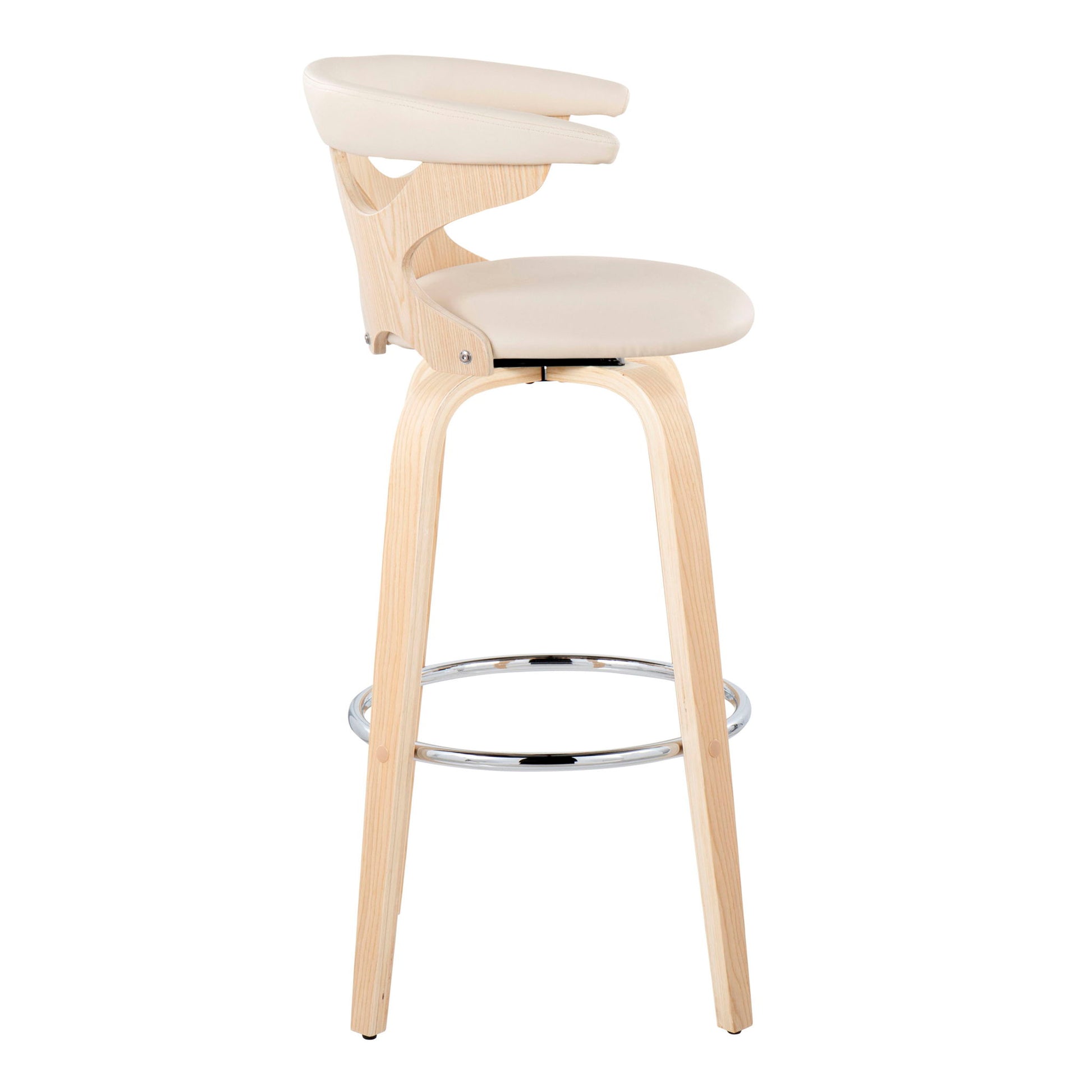 The Gardenia Contemporary Fixed Height Barstool features light wood legs, a circular chrome footrest, and cream cushioned seat and backrest with open sides. Set of 2 with swivel functionality included.