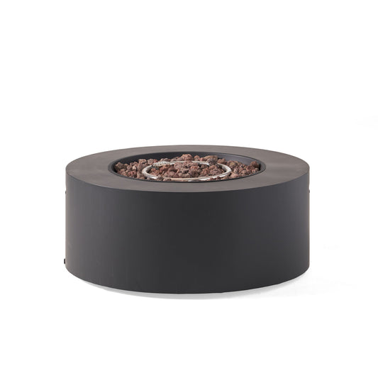 The Round Iron Fire Pit With 40,000 Btu features a modern round design in black, with a central burner surrounded by lava rocks, set against a plain white background.