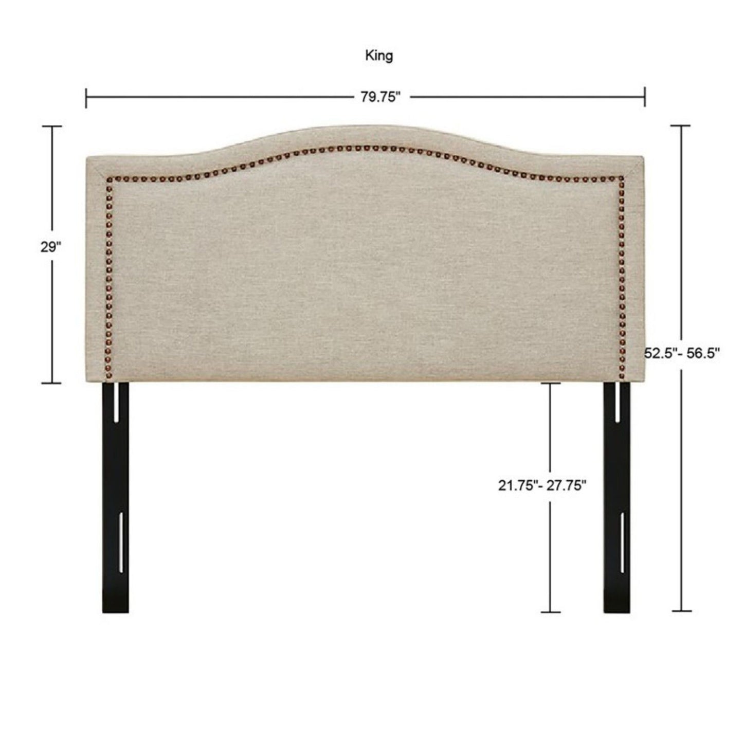The Elegant Panel Headboard features beige upholstery, copper nailhead trim, and adjustable black metal legs. Measures 79.75"W x 29"H; leg height adjusts 21.75"-27.75", for a total headboard height of 52.5"-56.5".