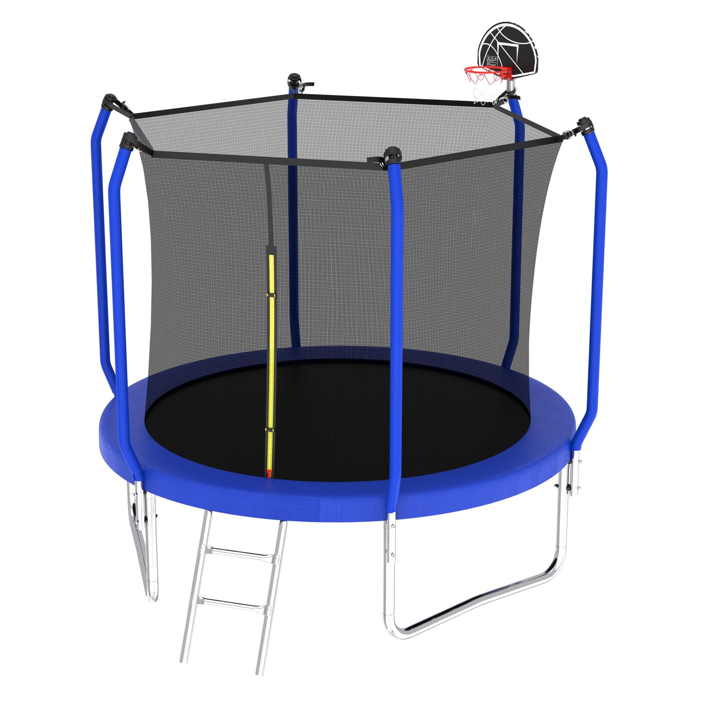 The Trampoline With Basketball Hoop is an ASTM approved outdoor round trampoline featuring blue padding, a safety enclosure net, a yellow zipper entrance, a metal ladder, and a black basketball hoop with backboard on the pole.