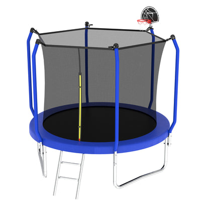 The Trampoline With Basketball Hoop is an ASTM approved outdoor round trampoline featuring blue padding, a safety enclosure net, a yellow zipper entrance, a metal ladder, and a black basketball hoop with backboard on the pole.