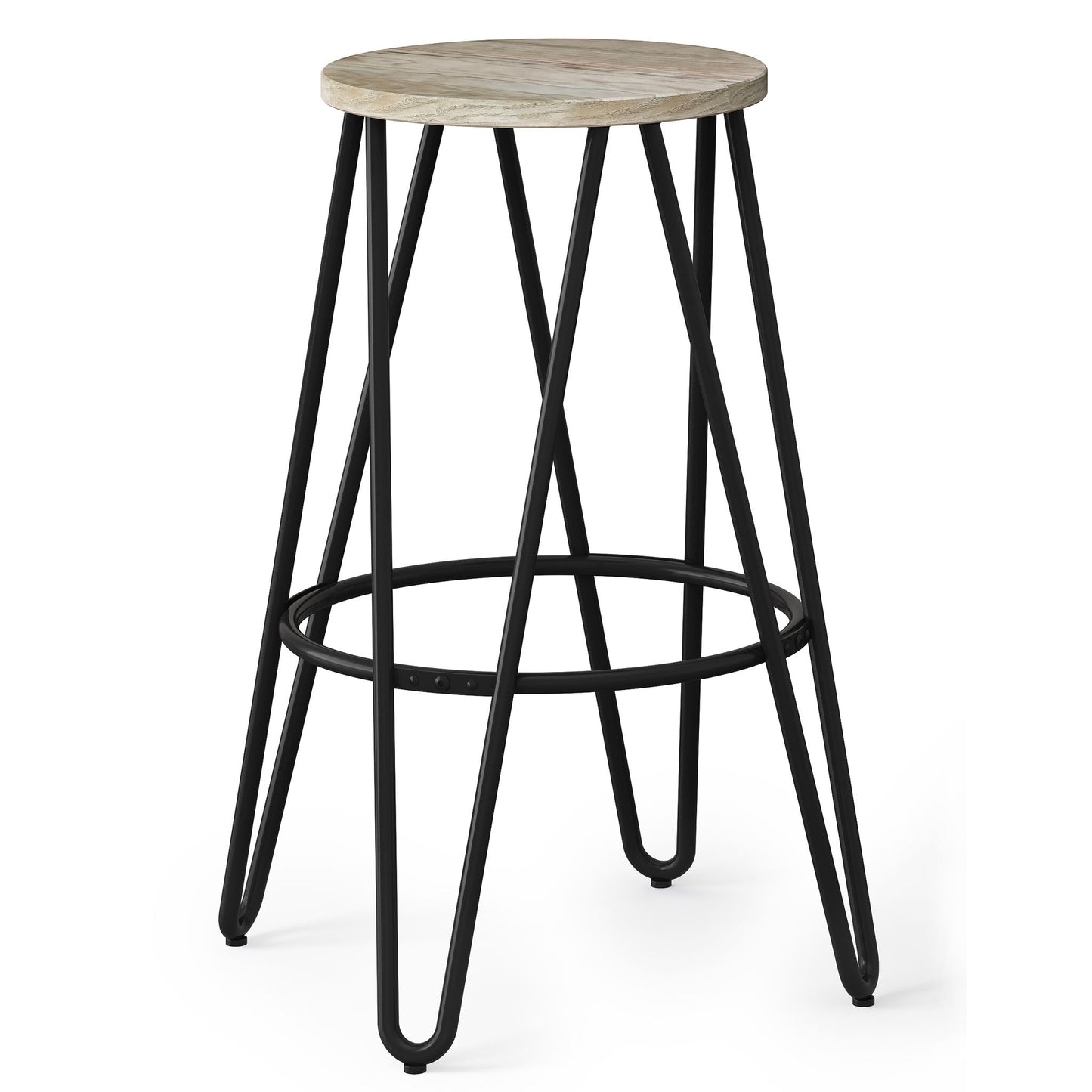 The Simeon is a multifunctional metal stool with a round wooden seat, black legs, and footrest, showcasing a geometric minimalist design.