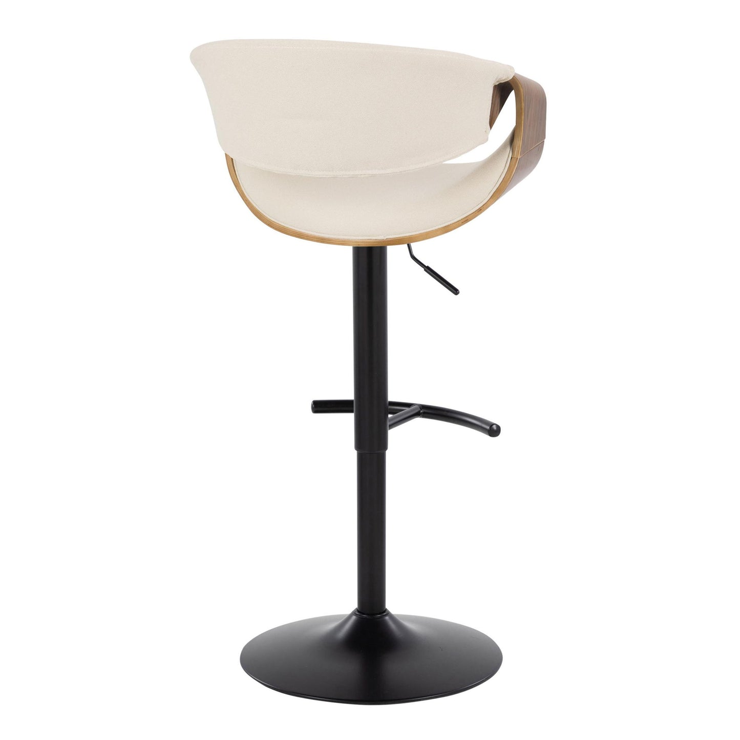 The Curvo Mid Century Modern Adjustable Barstool Set of 2 features a curved light wood and cream upholstered backrest, black pedestal base, swivel seat, and rounded T footrest, as seen from the back.