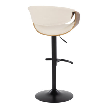 The Curvo Mid Century Modern Adjustable Barstool Set of 2 features a curved light wood and cream upholstered backrest, black pedestal base, swivel seat, and rounded T footrest, as seen from the back.