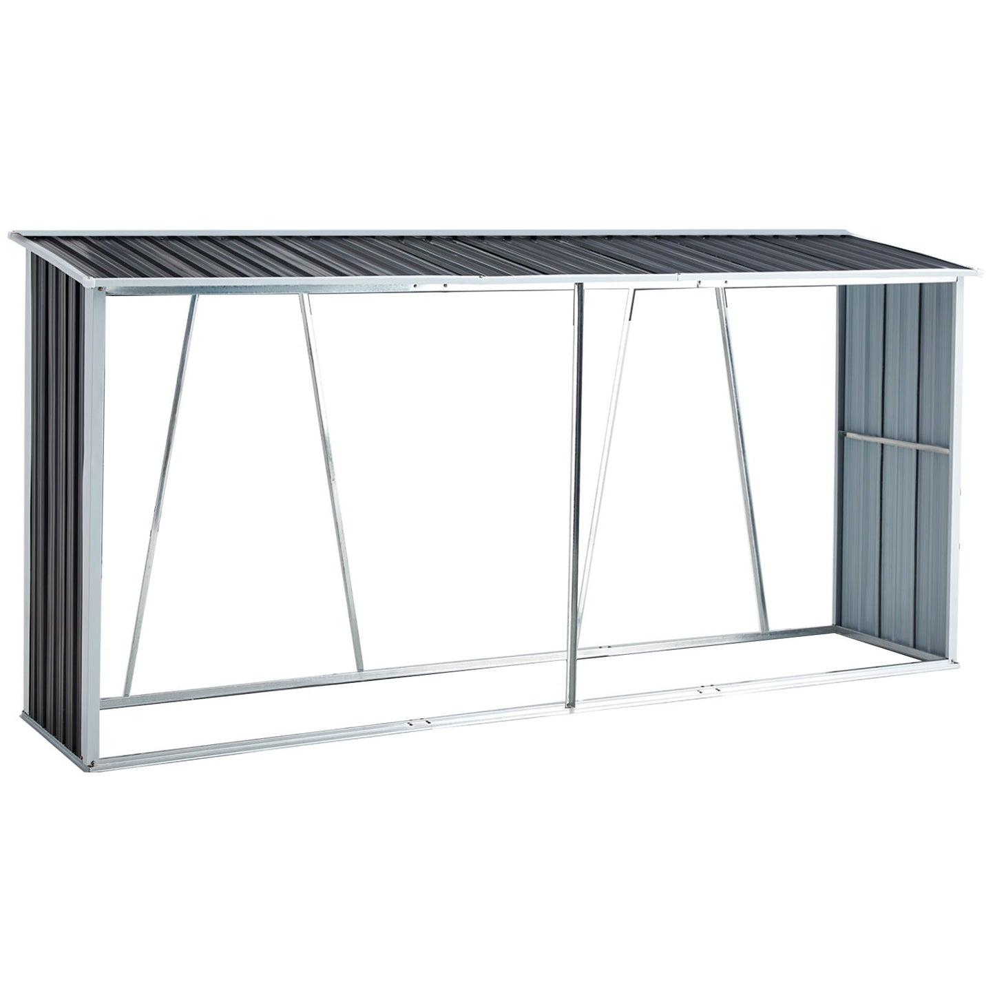 The Firewood Rack is a large, rectangular galvanized steel log holder with a sloped roof and open front, ideal for storing firewood or garden supplies outdoors on your backyard, garden, patio, or porch.