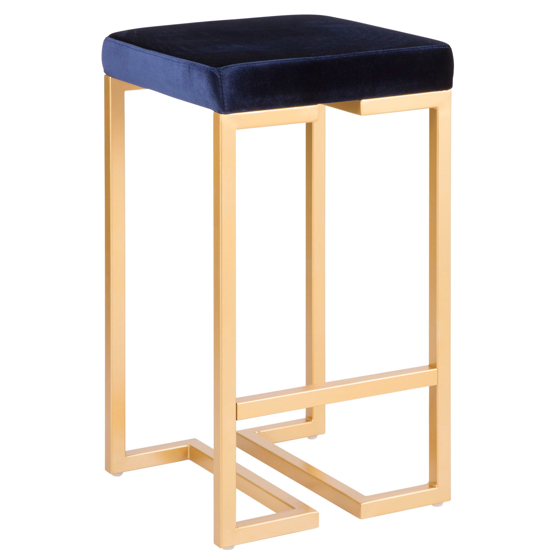 The Midas Contemporary/Glam Counter Stool (Set of 2) features a square navy blue cushioned seat and a sleek gold metal frame with geometric lines and a footrest, perfect for adding modern style to your space.