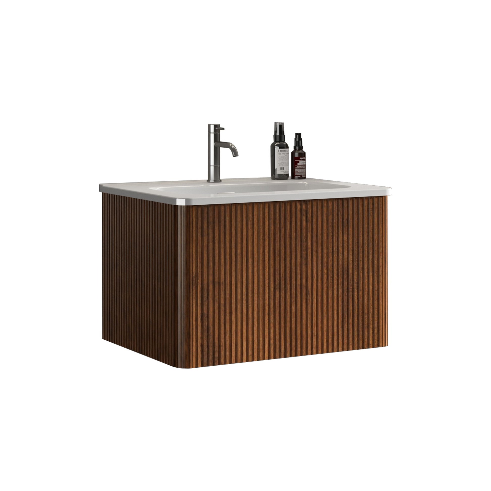 The Etna Striped Bathroom Vanity features a ribbed wooden front, white ceramic sink, silver faucet, and two toiletry bottles on its wall-mounted surface—perfect for a modern bathroom.